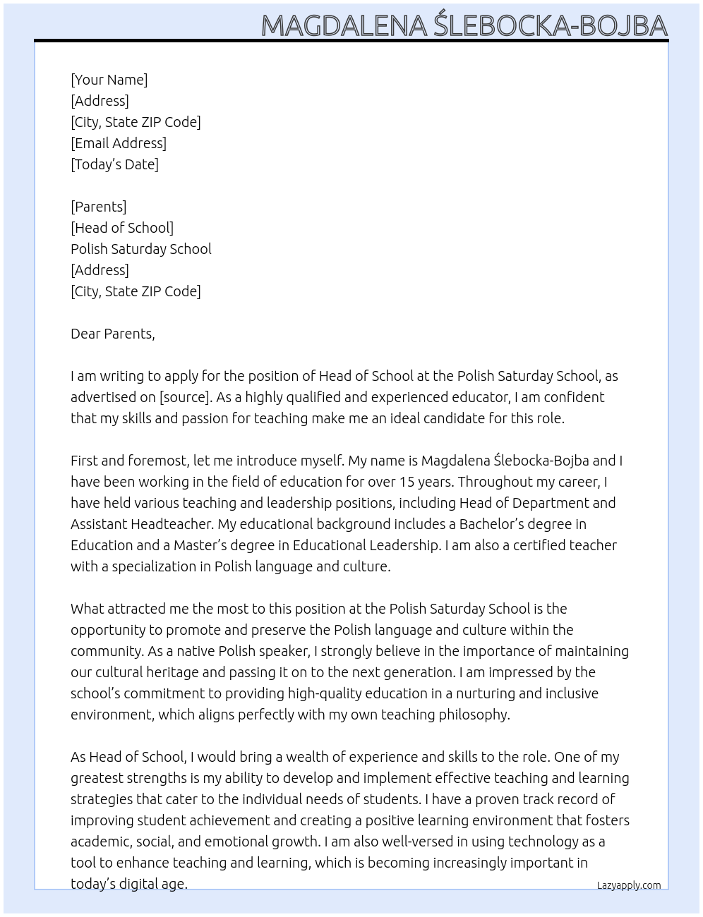 Head of school At Polish Saturday school Cover Letter