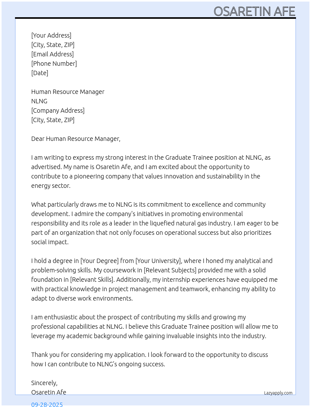 graduate trainee At NLNG Cover Letter