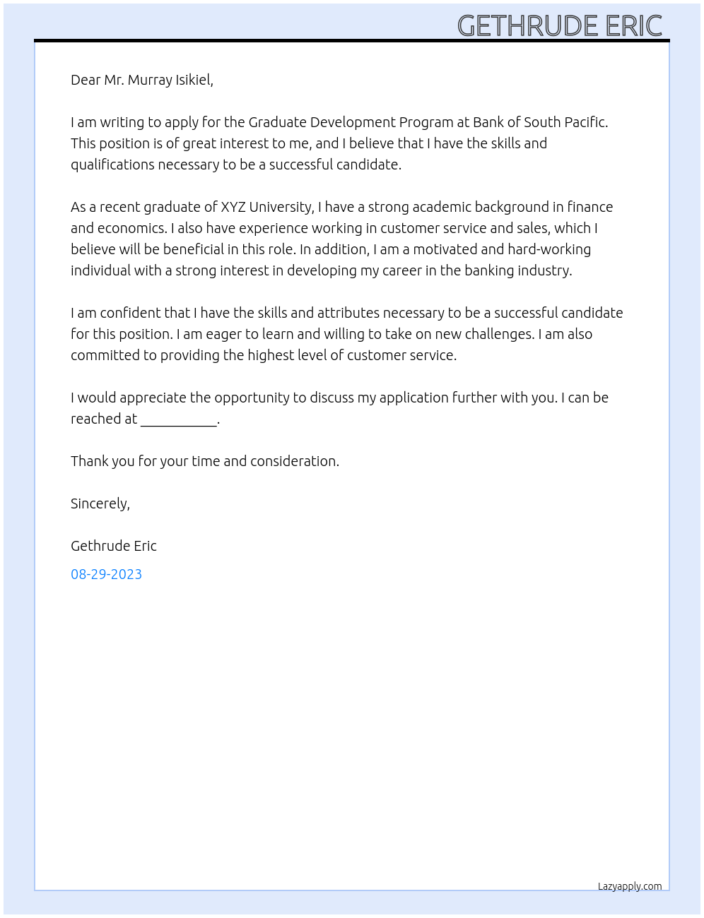 Graduate Development Program At Bank of South Pacific Cover Letter