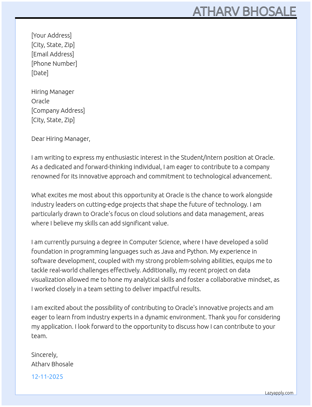 Student/Intern At Oracle Cover Letter