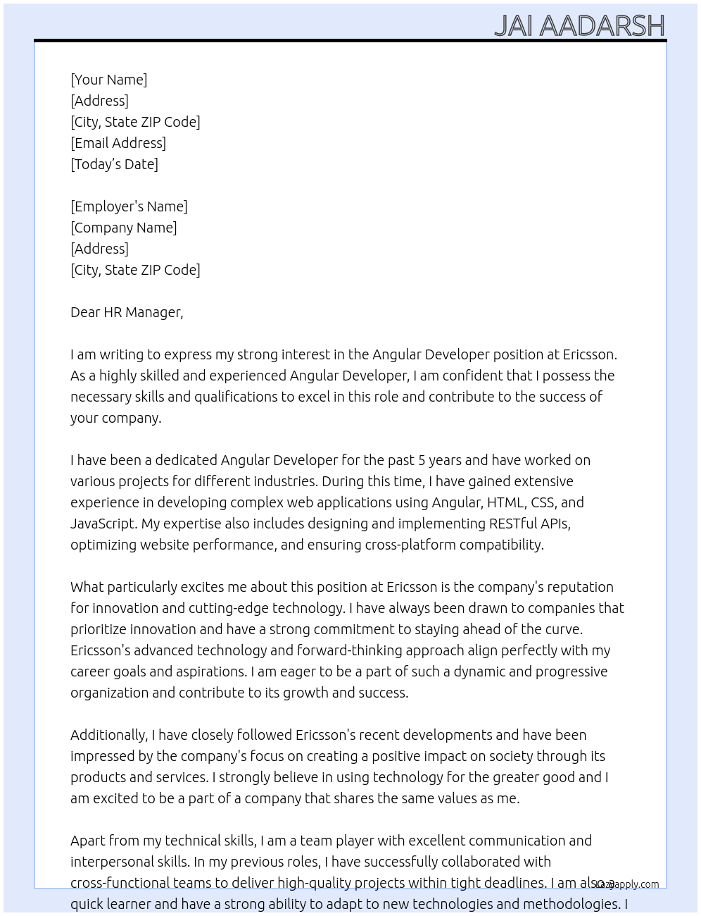 Angular Developer At Ericsson Cover Letter