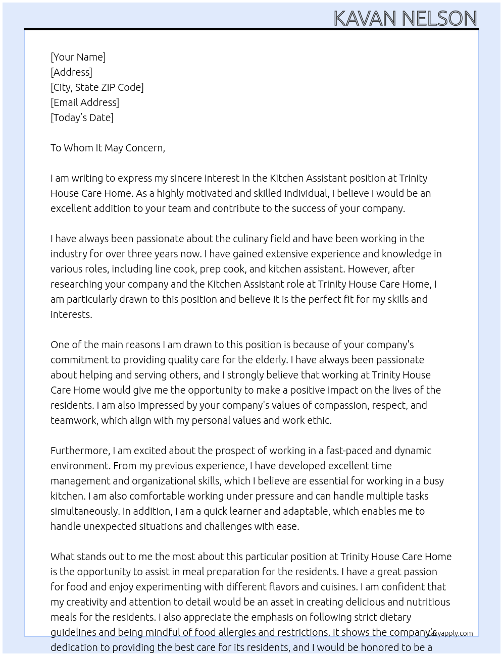 Kitchen Assistant At Trinity House Care Home Cover Letter