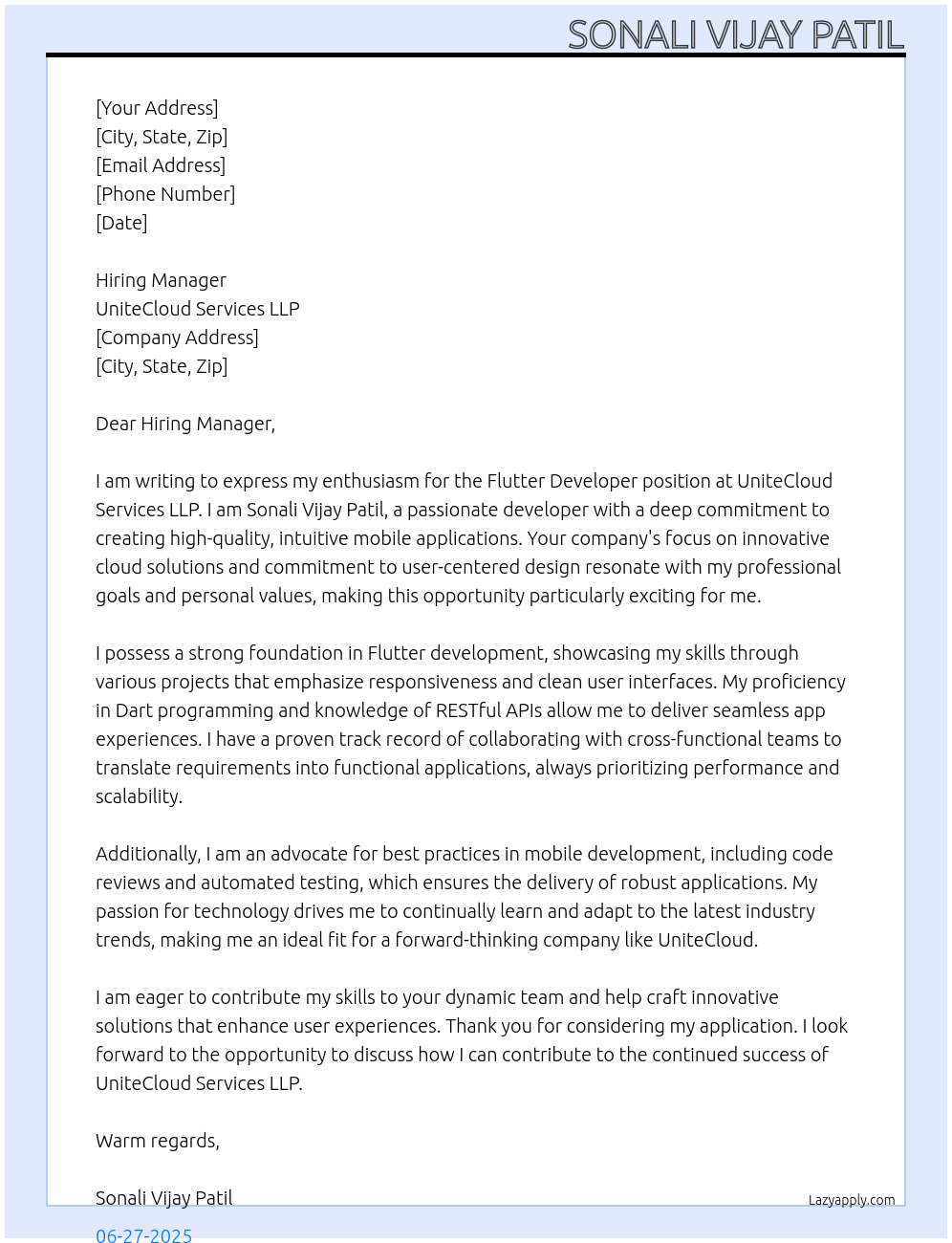 Flutter Developer At UniteCloud services LLP Cover Letter