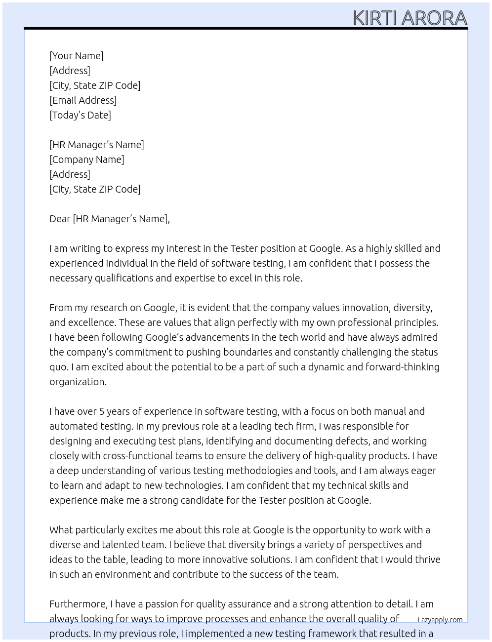 Tester At Google Cover Letter
