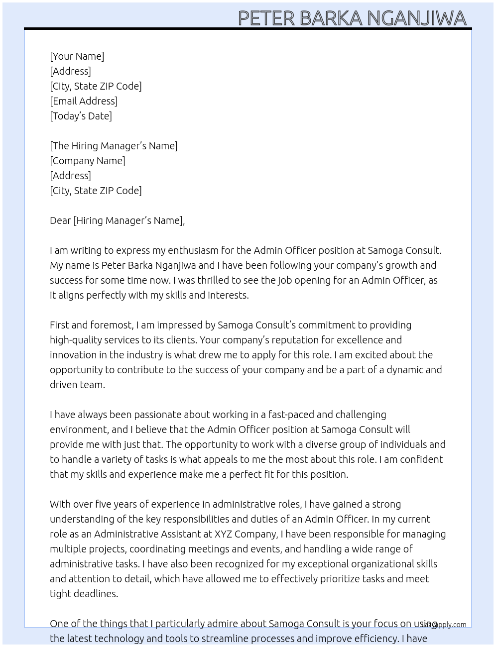 Admin officer At Samoga consult Cover Letter