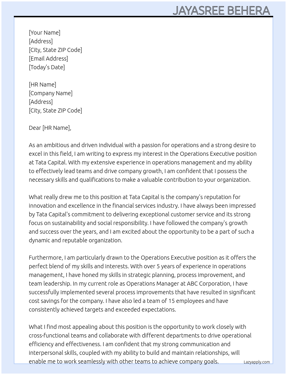 Operations executive At Tata capital Cover Letter