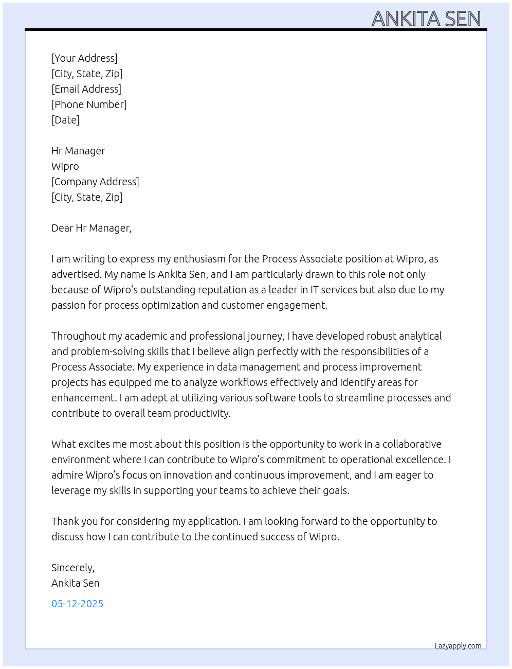 Process Associate At Wipro Cover Letter