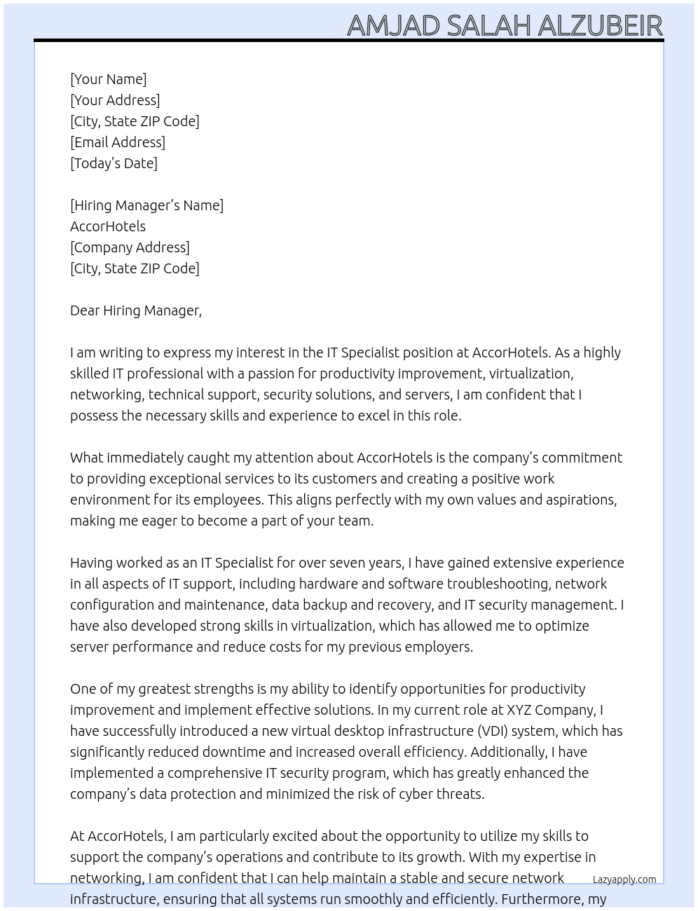 IT Specialist At AccorHotels Cover Letter