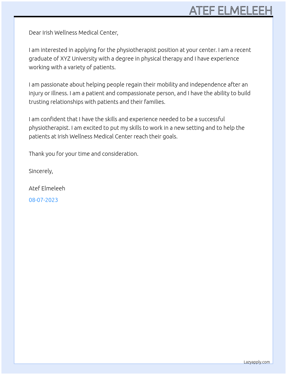 physiotherapist At irish wellness medical center Cover Letter