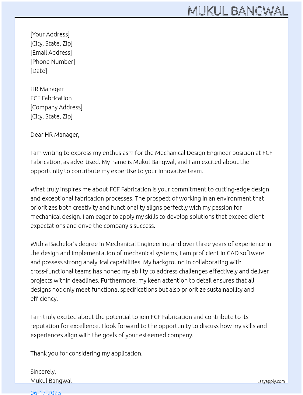 MECHANICAL DESIGN ENGINEER At FCF FABRICATION Cover Letter