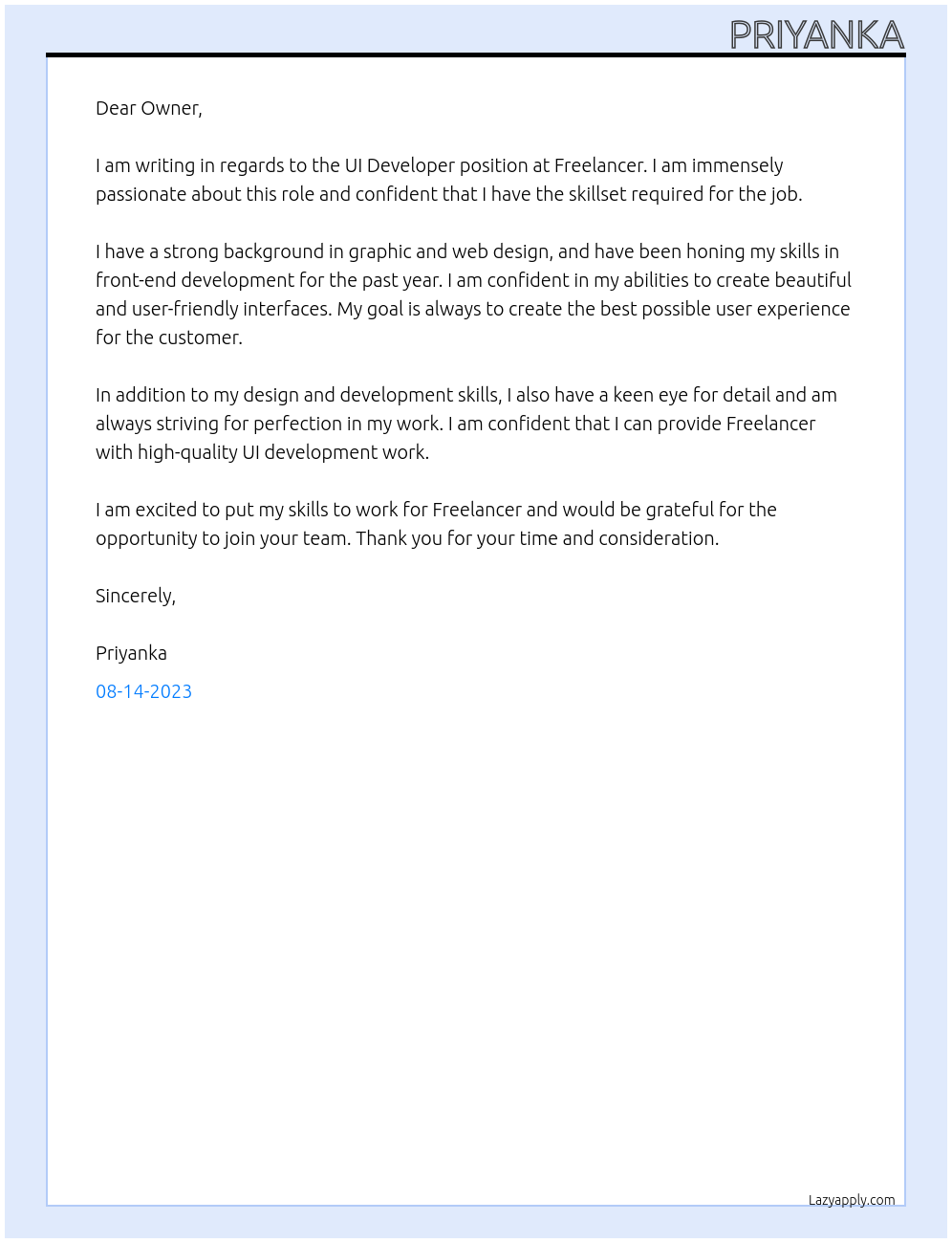 Ui Developer At Freelancer Cover Letter