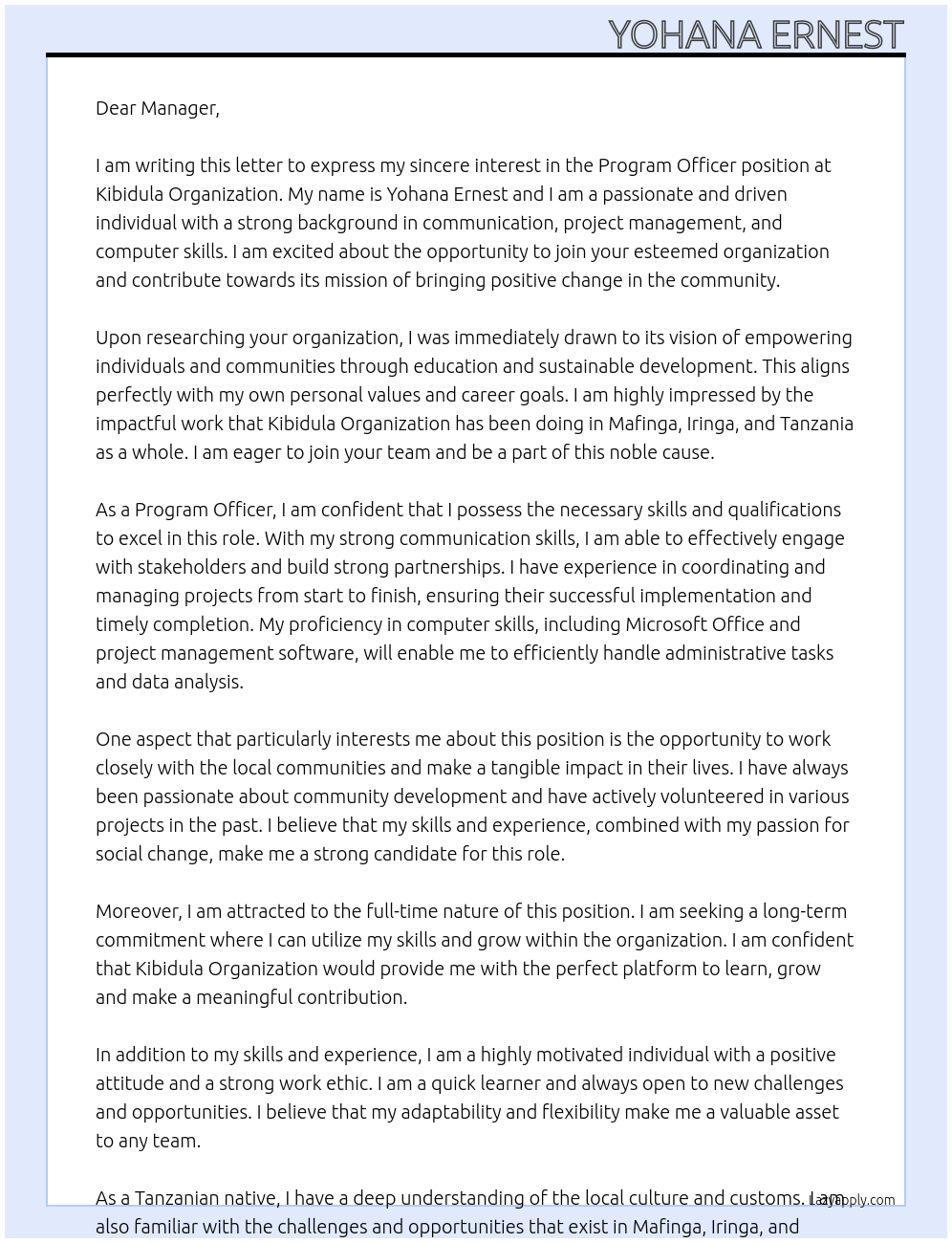 Program Officer At Kibidula Organization Cover Letter