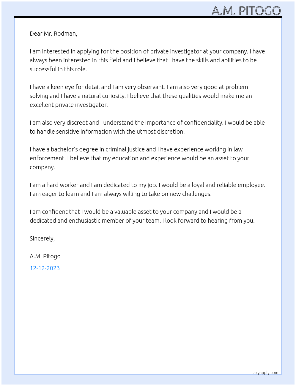 Private investigator At Rodman Company Cover Letter