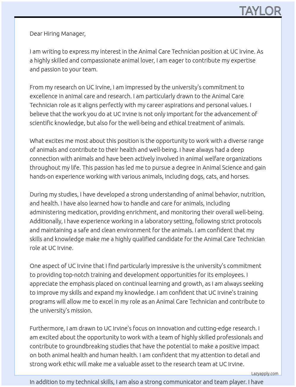 animal care technician At UC Irvine Cover Letter