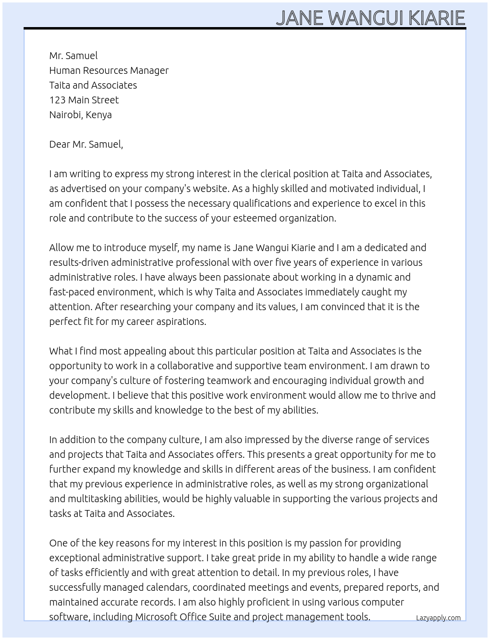 clerical position At Taita and Associates Cover Letter