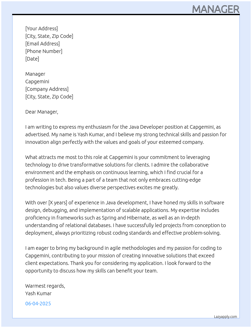 java developer At capegemini Cover Letter