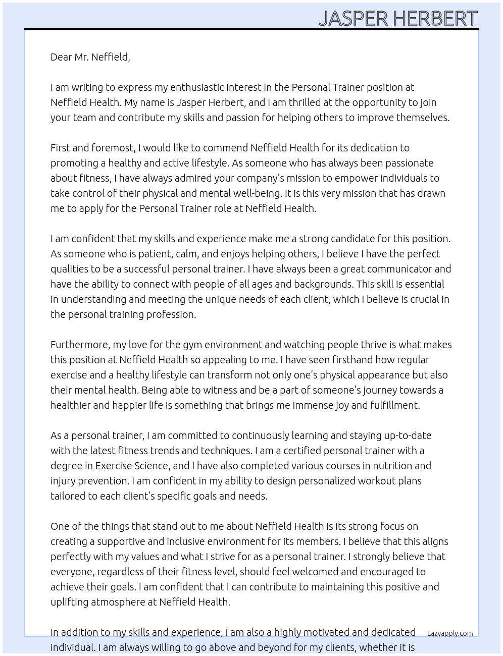 personal trainer At neffield health Cover Letter