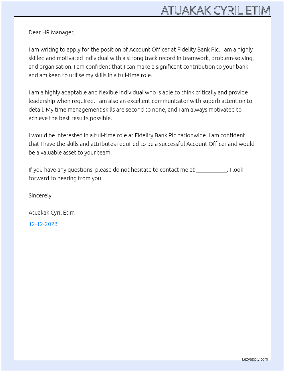 Account Officer At Fidelity Bank Plc Cover Letter