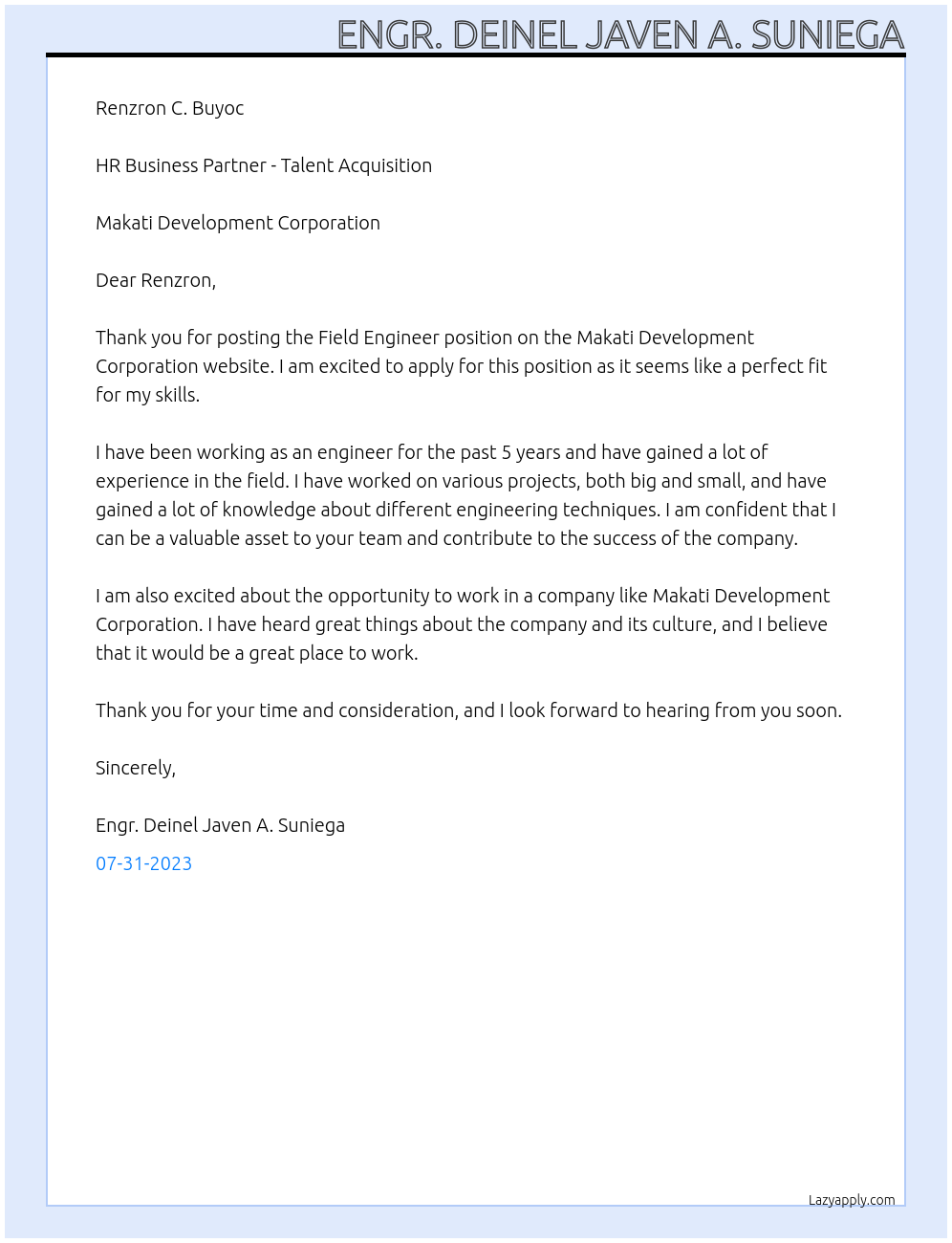 Field Engineer At Makati Development Corporation Cover Letter