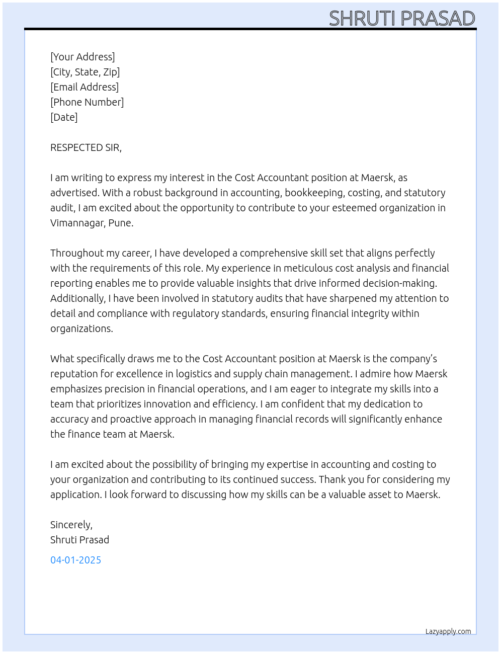 COST ACCOUNTANT At MAERSK Cover Letter