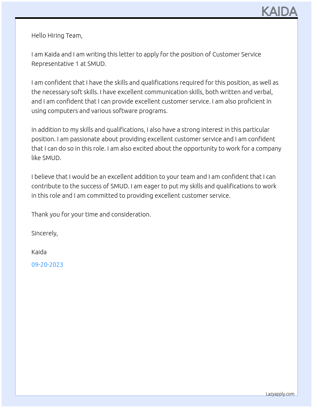 Customer Service Representative 1 At SMUD Cover Letter