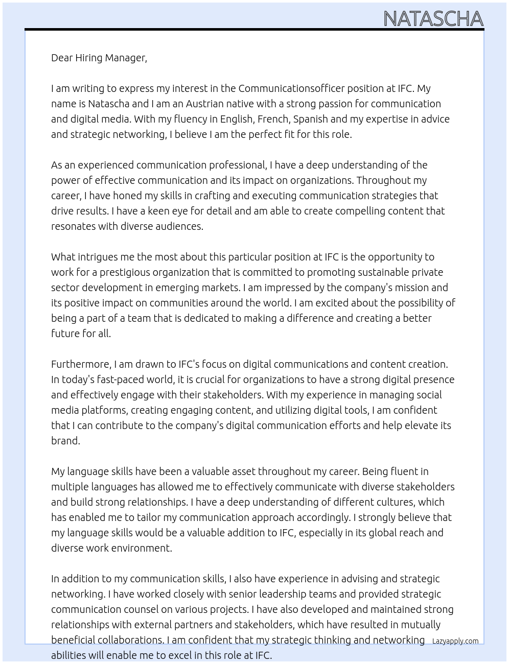 Communicationsofficer  At IFC Cover Letter