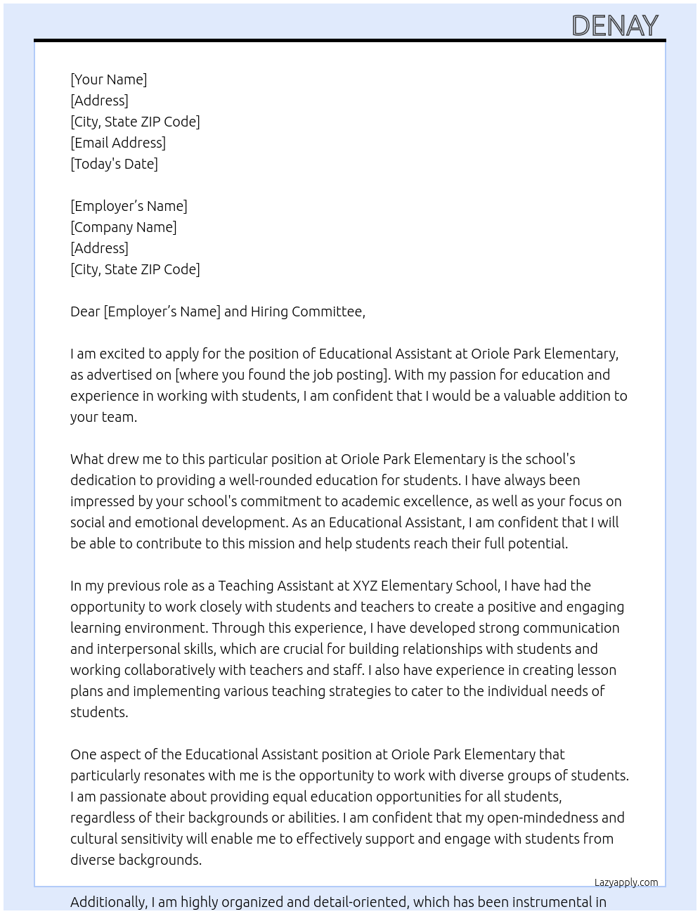 Educational Assistant At Oriole Park Elementary Cover Letter