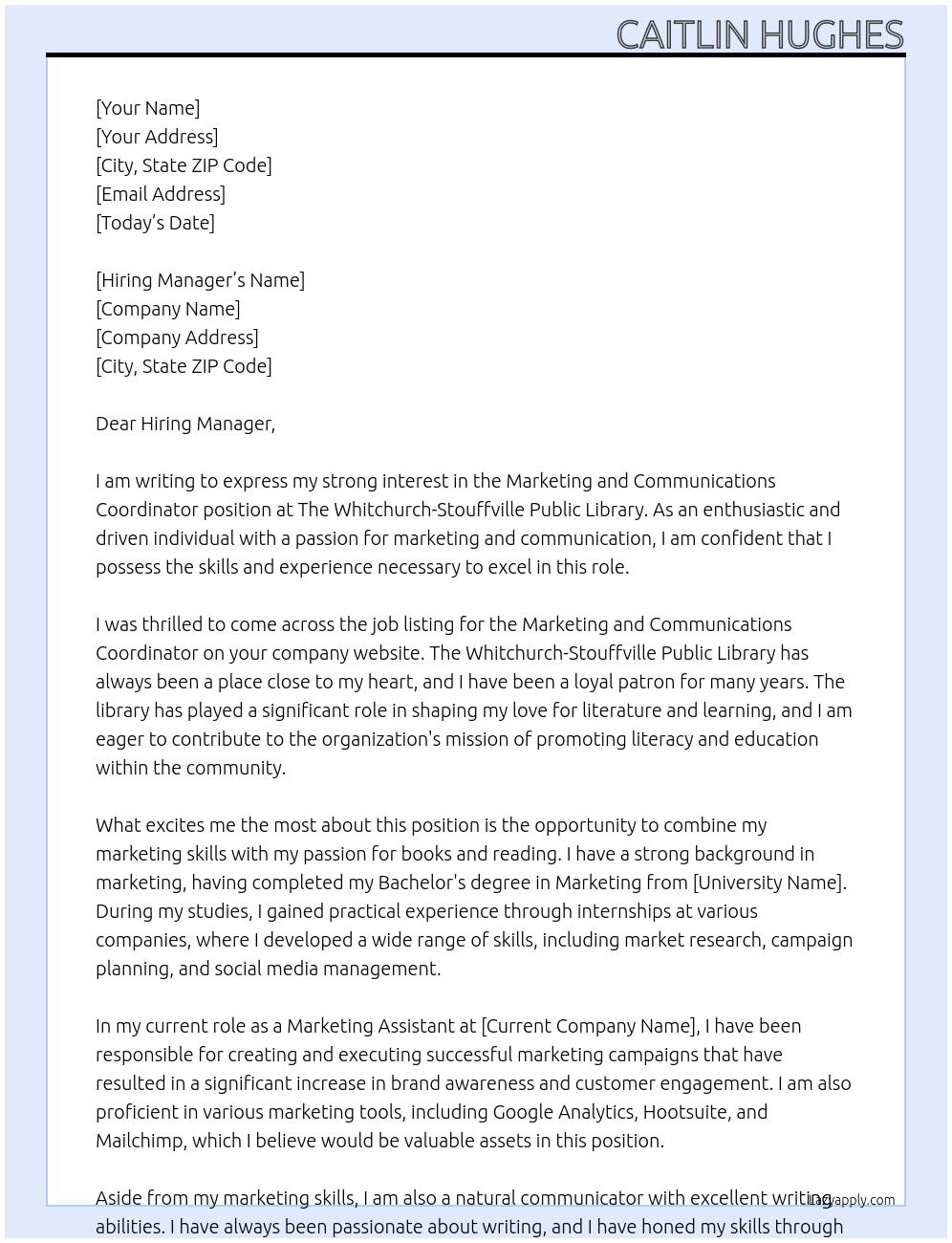 Marketing and Communications Coordinator At The Whitchurch-Stouffville Public Library Cover Letter