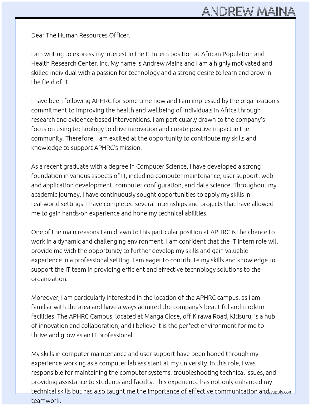 IT INTERN At African Population and Health Research Center, Inc Cover Letter