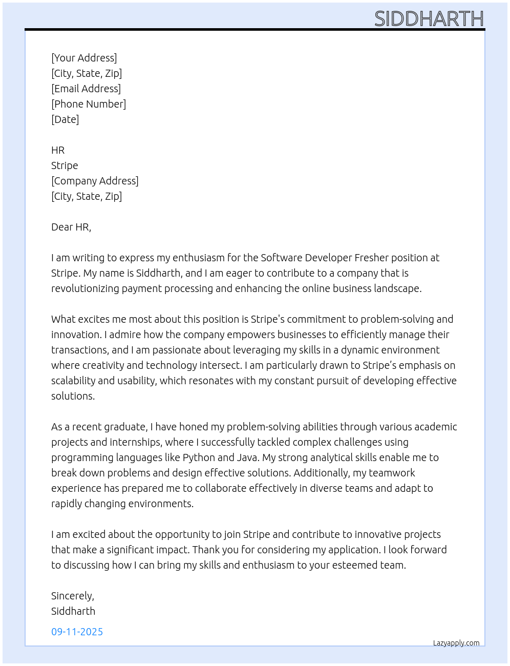 Software developer fresher At Stripe Cover Letter