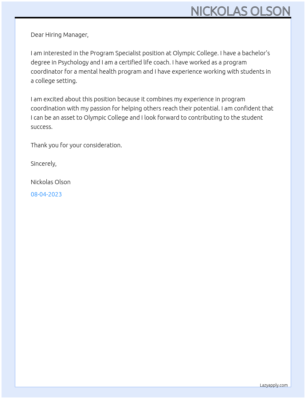 Program Specialist At Olympic College Cover Letter