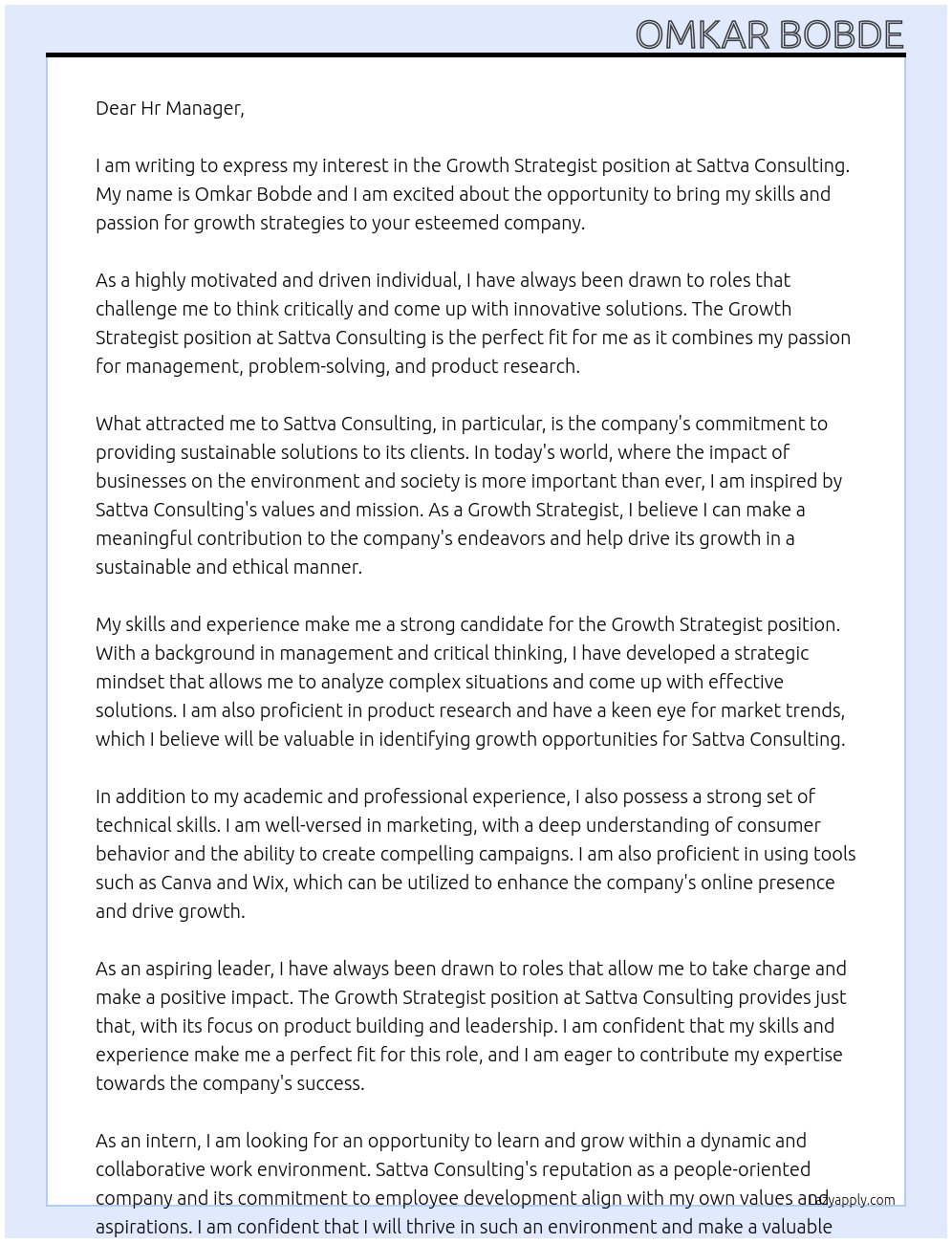 Growth Strategist At Sattva Consulting Cover Letter