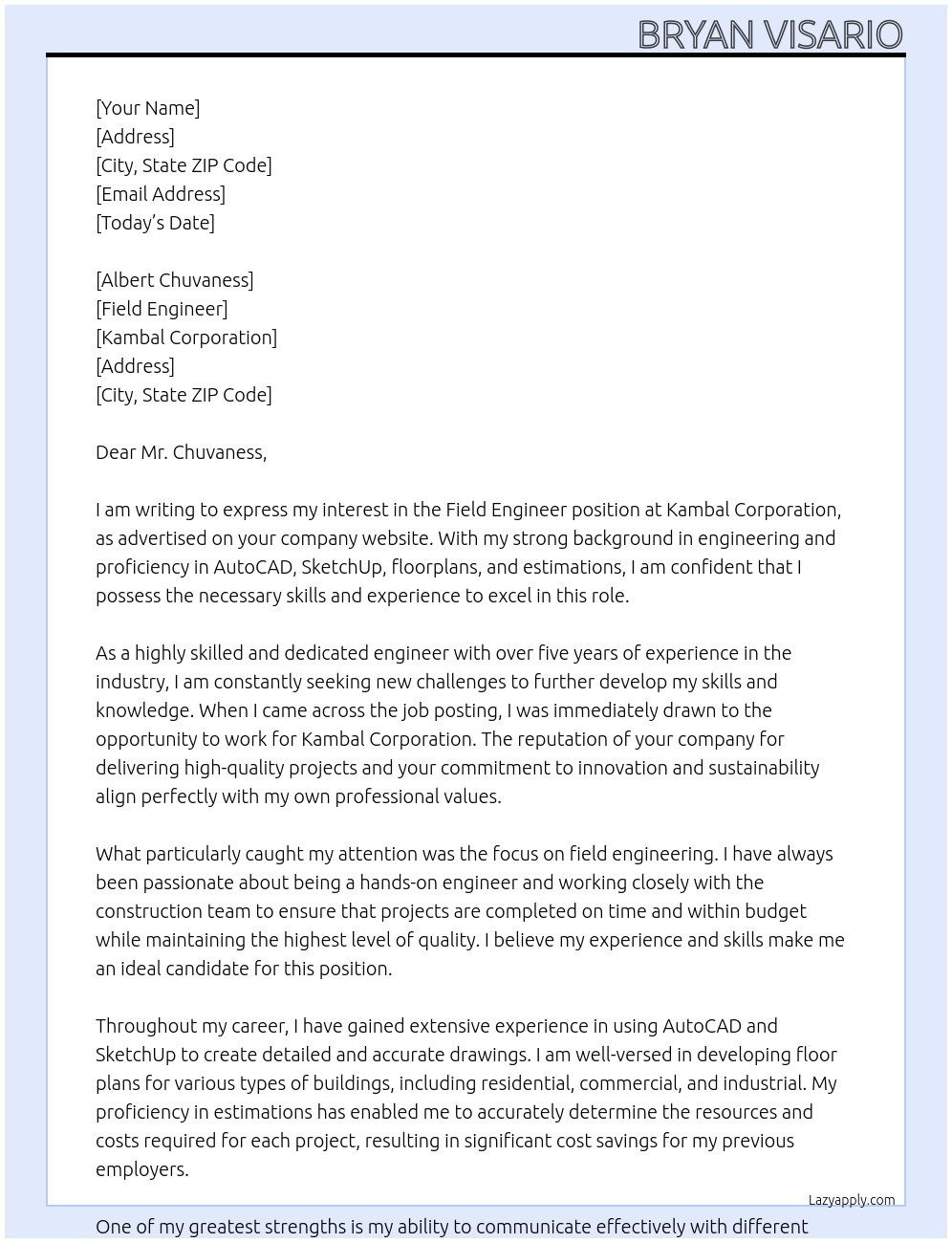 field engineer At kambal corporation Cover Letter