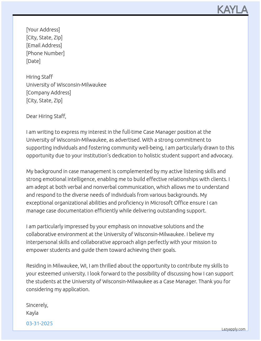 Case Manager At University of Wisconsin-Milwaukee Cover Letter