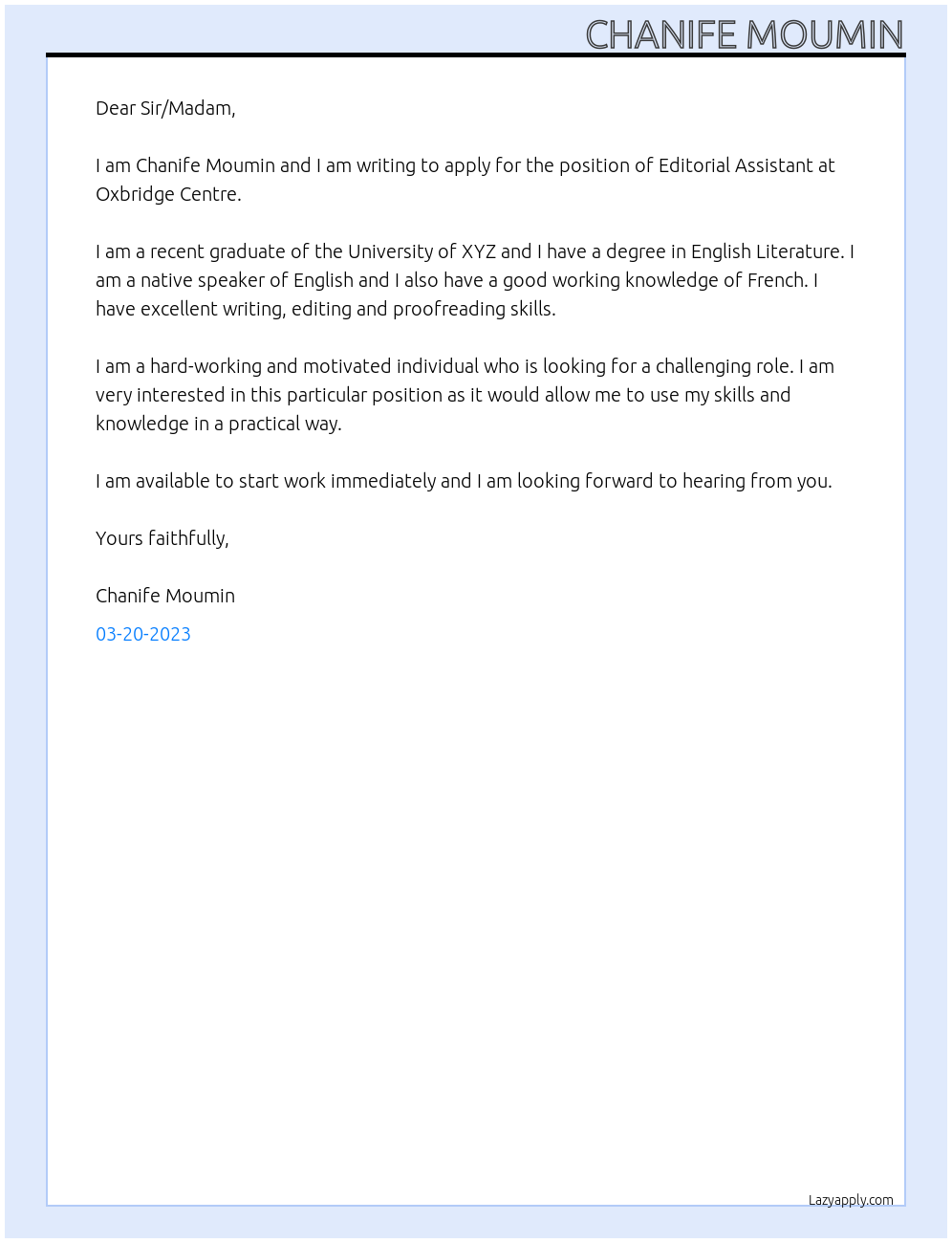 Editorial Assistant At oxbridge centre Cover Letter