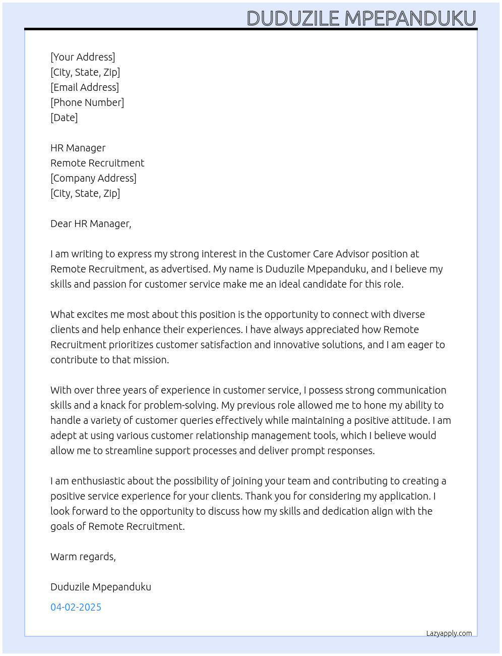 Customer Care Advisor At Remote recruitment Cover Letter