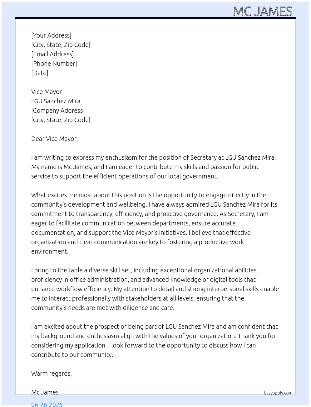 Secretary At Lgu Sanchez Mira Cover Letter