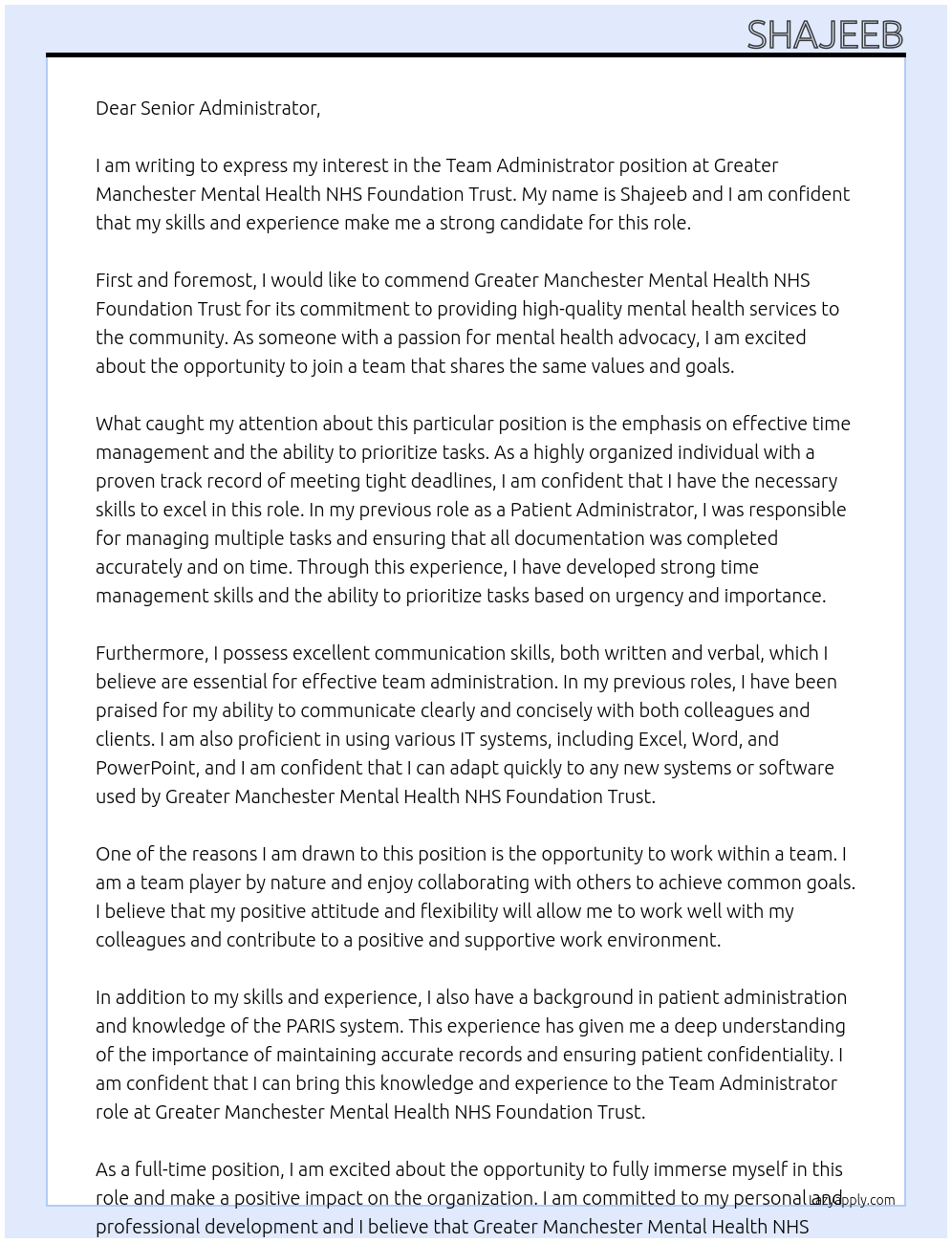 team administrator At Greater Manchester Mental Health NHS Foundation Trust Cover Letter