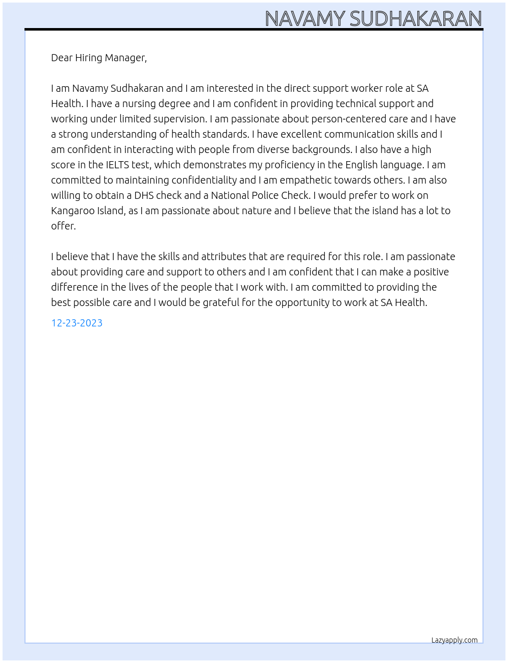 Direct support worker At SA Health Cover Letter