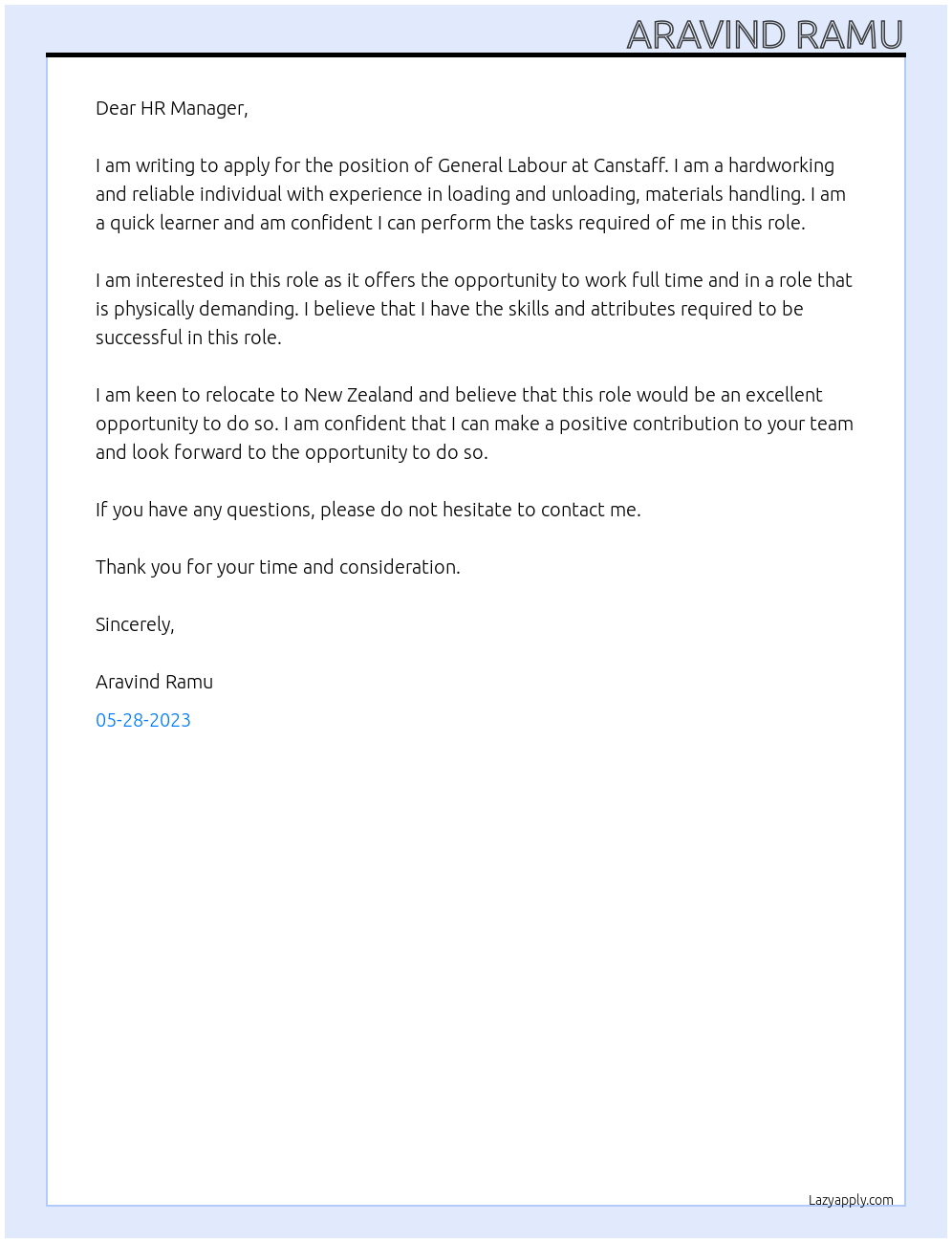 General Labour At Canstaff Cover Letter