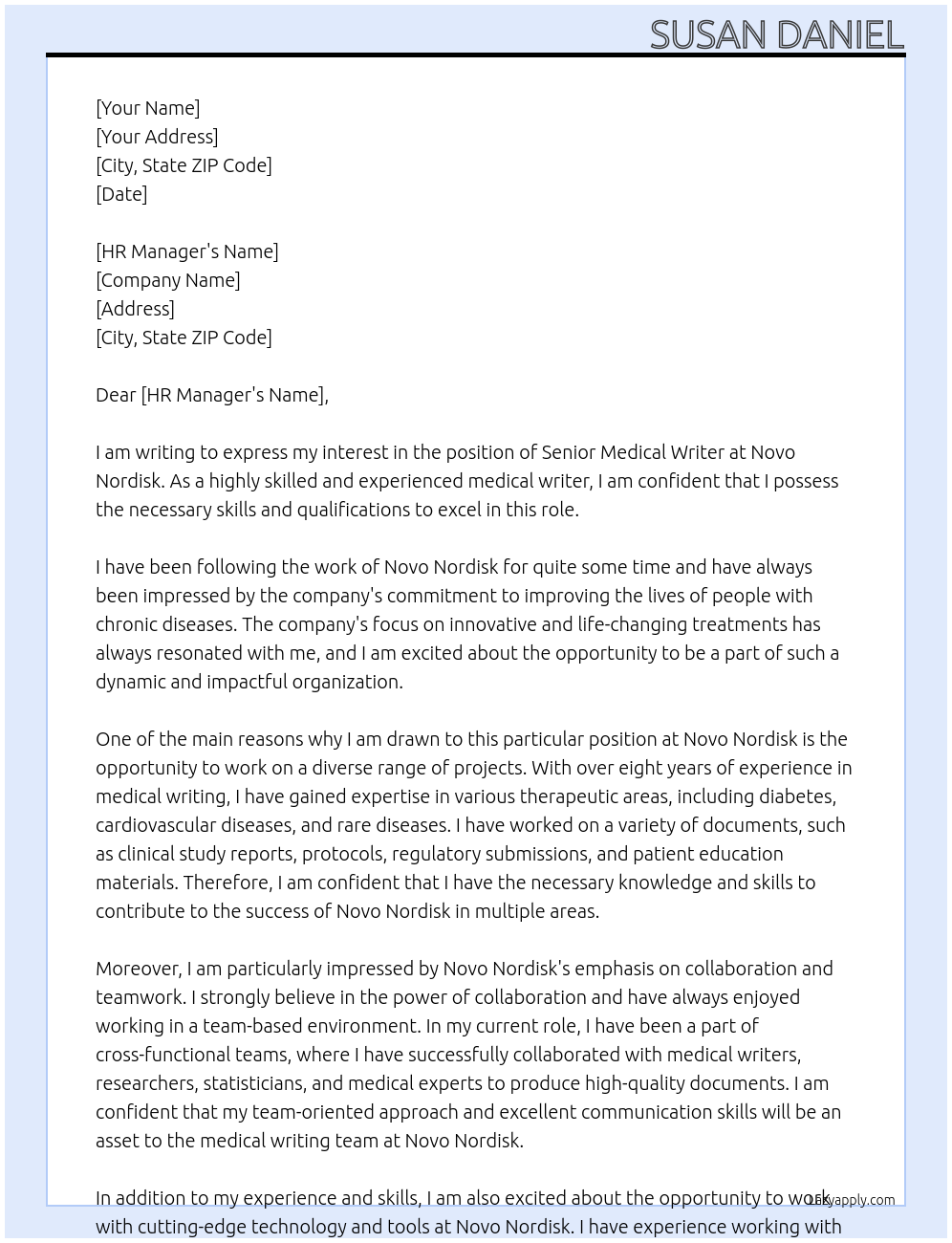 Senior Medical Writer At Novo Nordisk Cover Letter