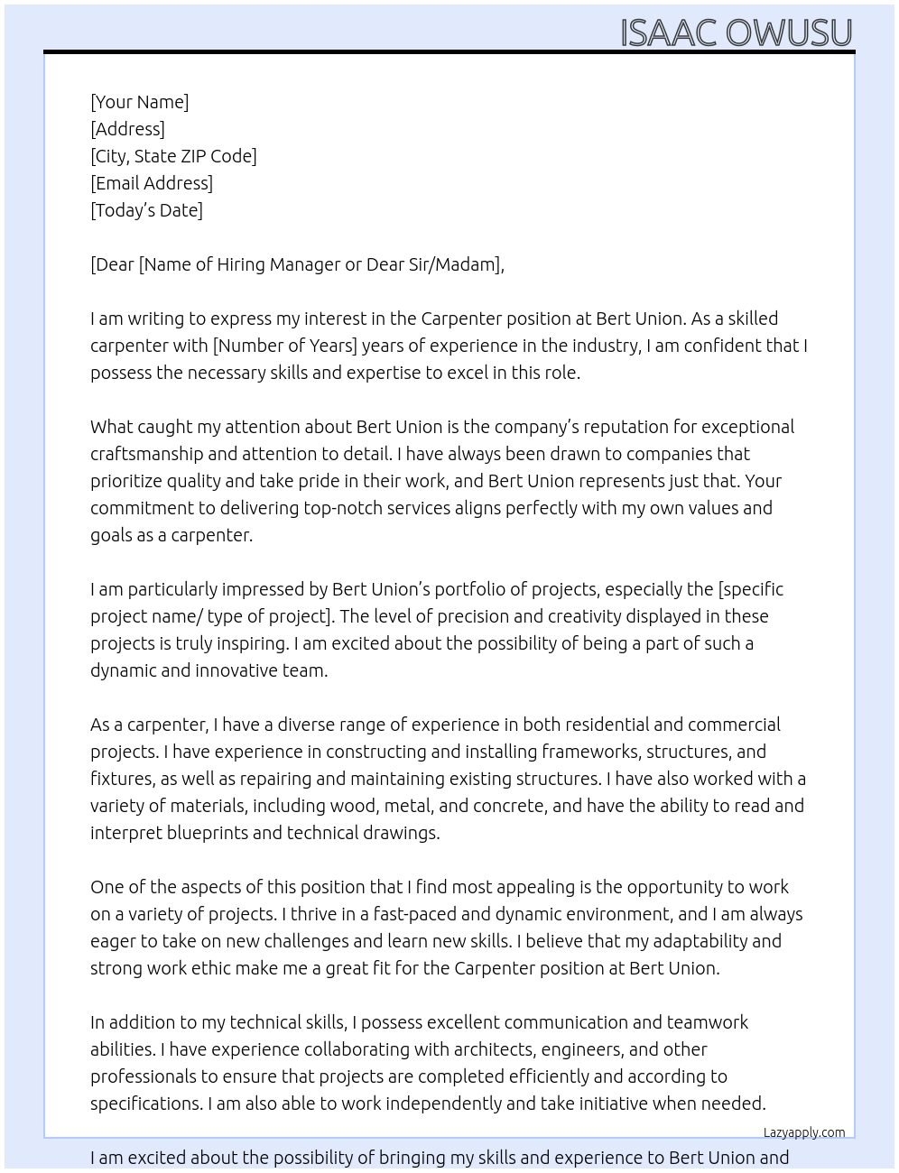 Carpenter At Bert union Cover Letter