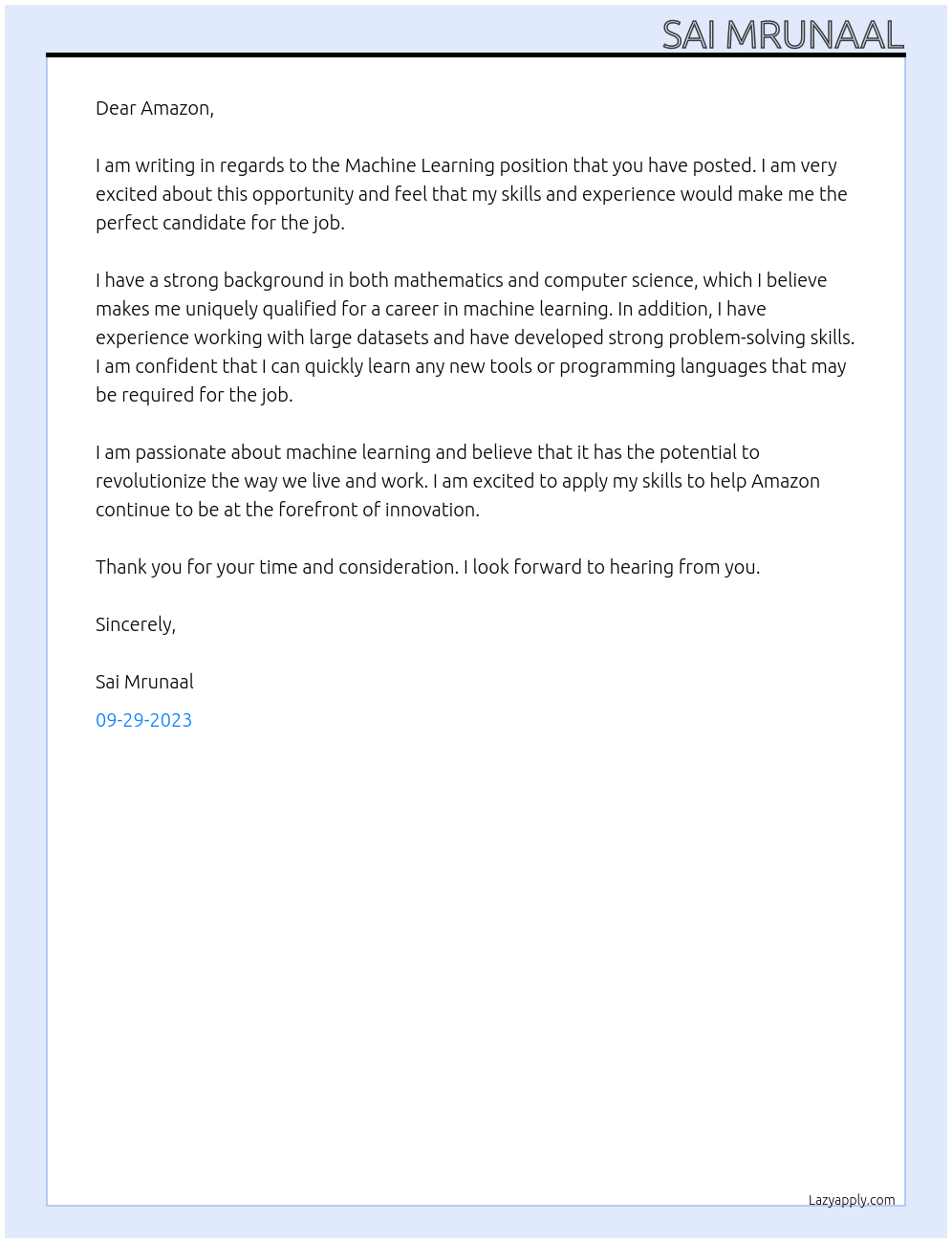 Machine Learning  At Amazon Cover Letter