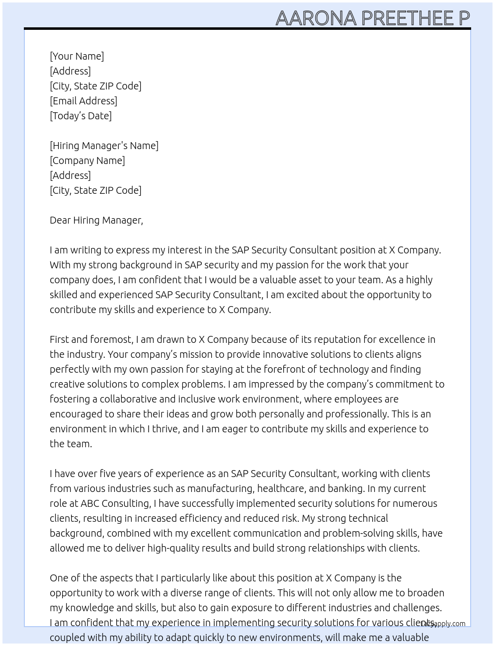 SAP SECURITY CONSULTANT At X Company Cover Letter