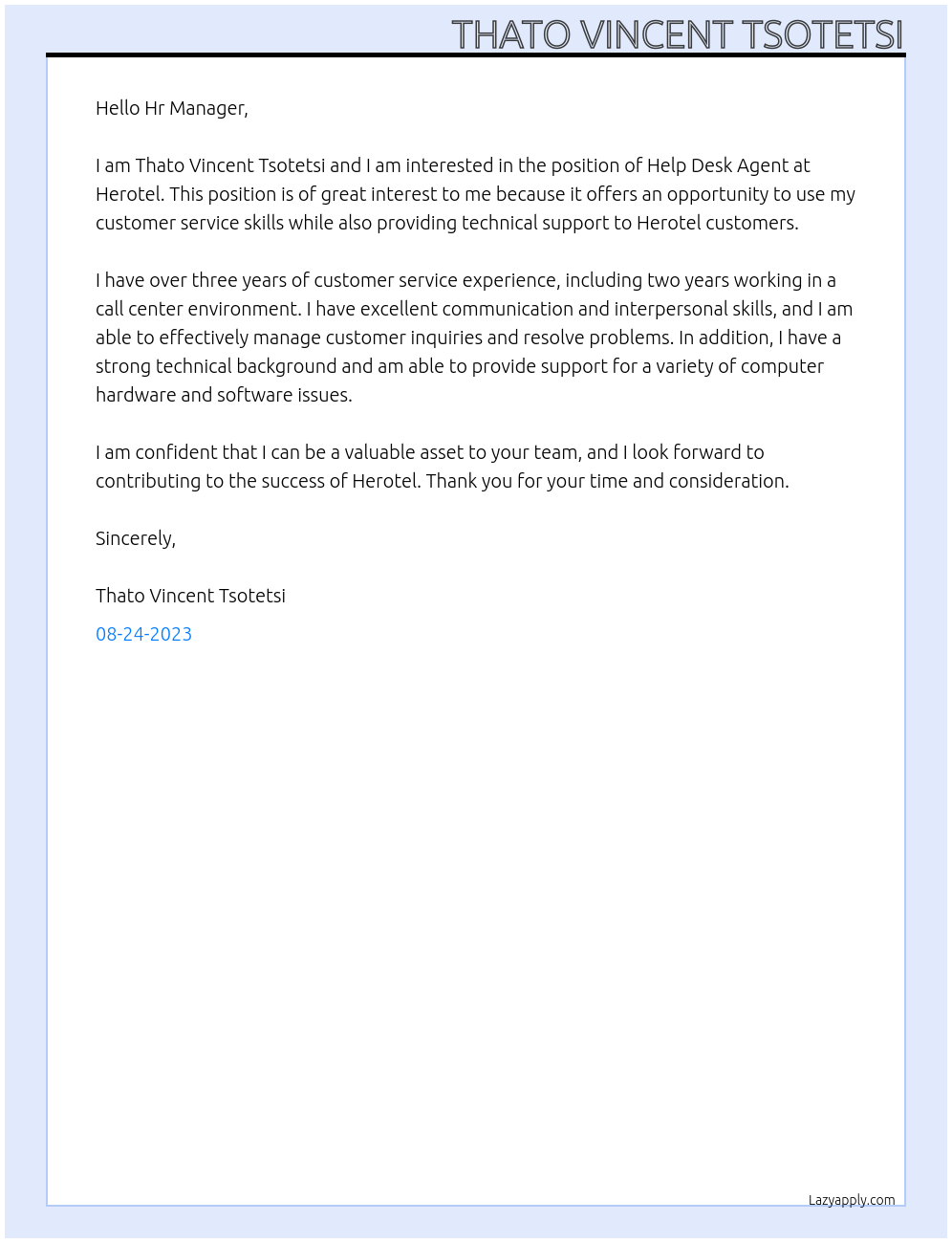 Help Desk Agent At Herotel Cover Letter