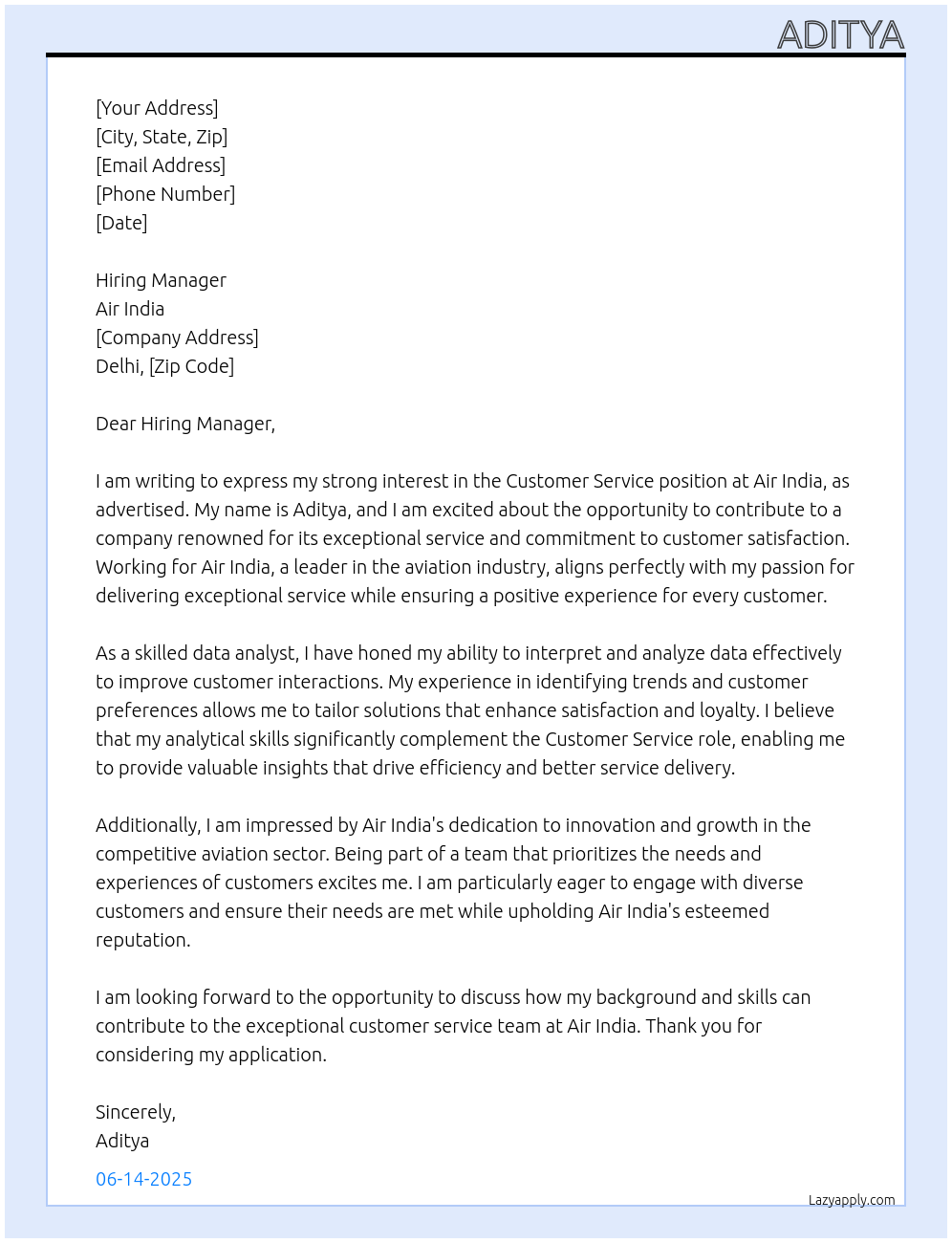 CUSTOMER SERVICE At AIR INDIA Cover Letter