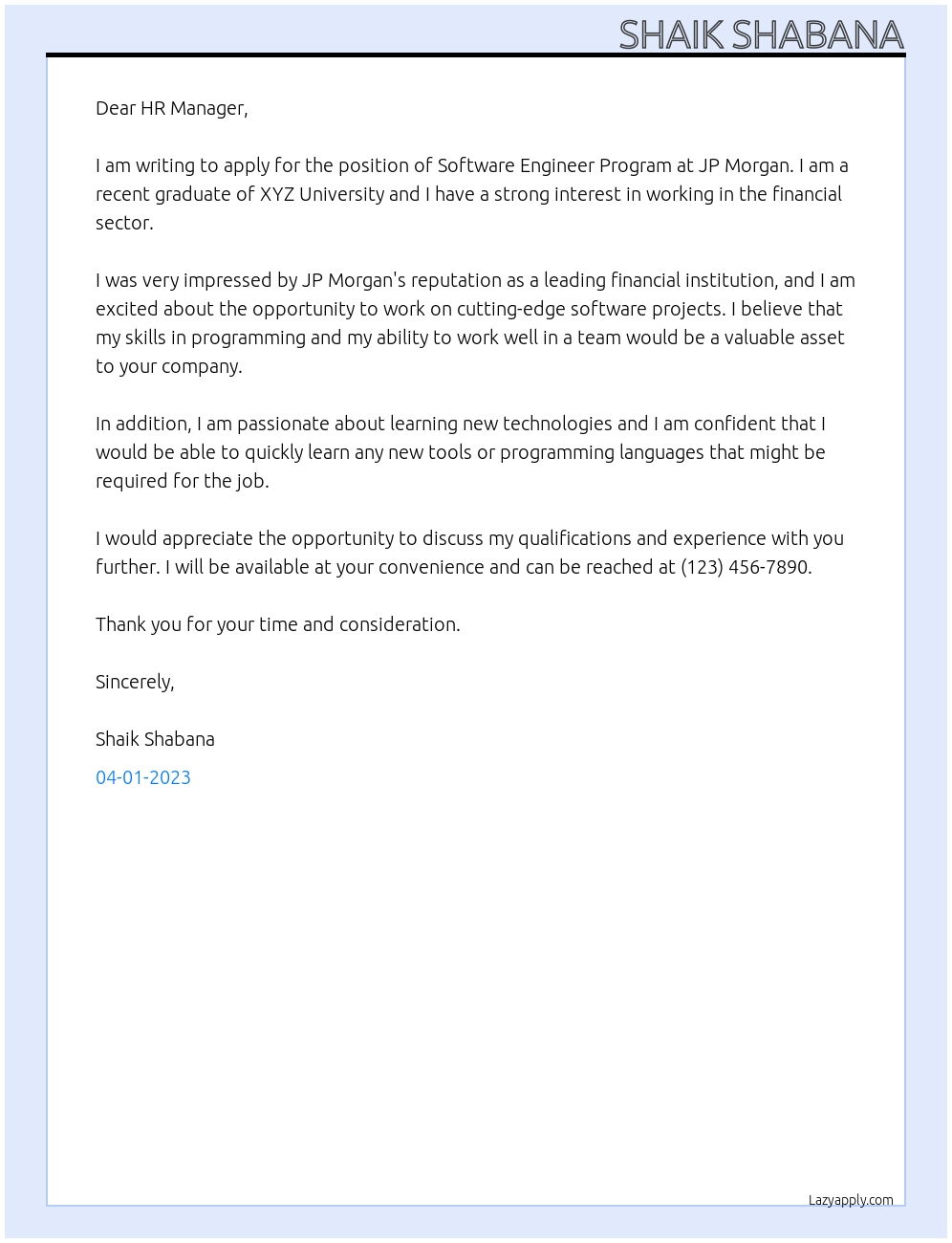 Software Engineer Program At jp morgan Cover Letter