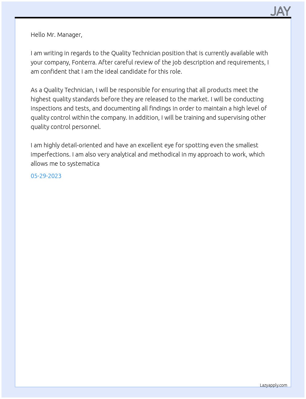 Quality Technician At fonterra Cover Letter