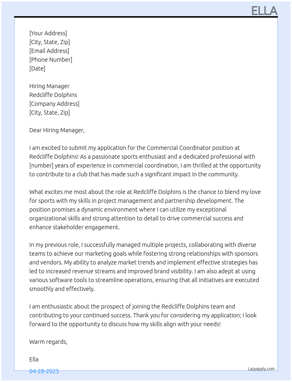 Commercial Coordinator At Redcliffe Dolphins Cover Letter