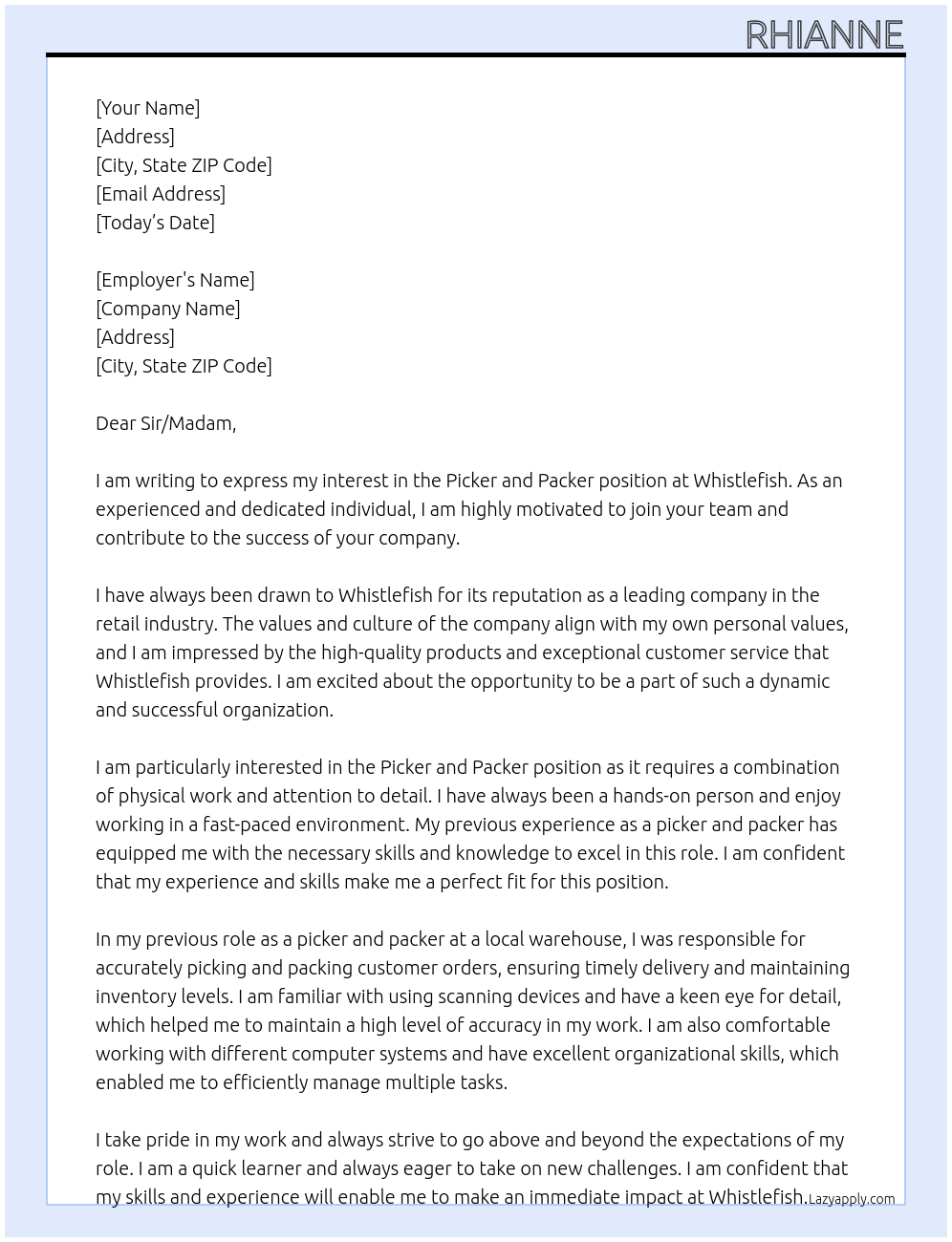 Picker and Packer At Whistlefish Cover Letter